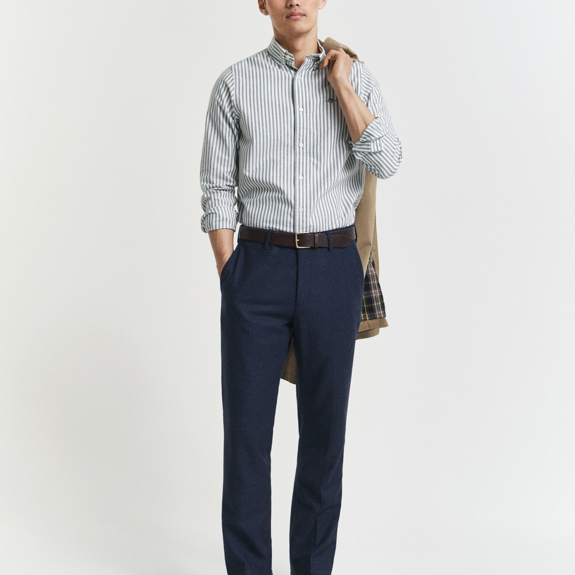 GANT Erkek Yeşil Slim Fit Düğmeli Yaka Çizgili Oxford Gömlek