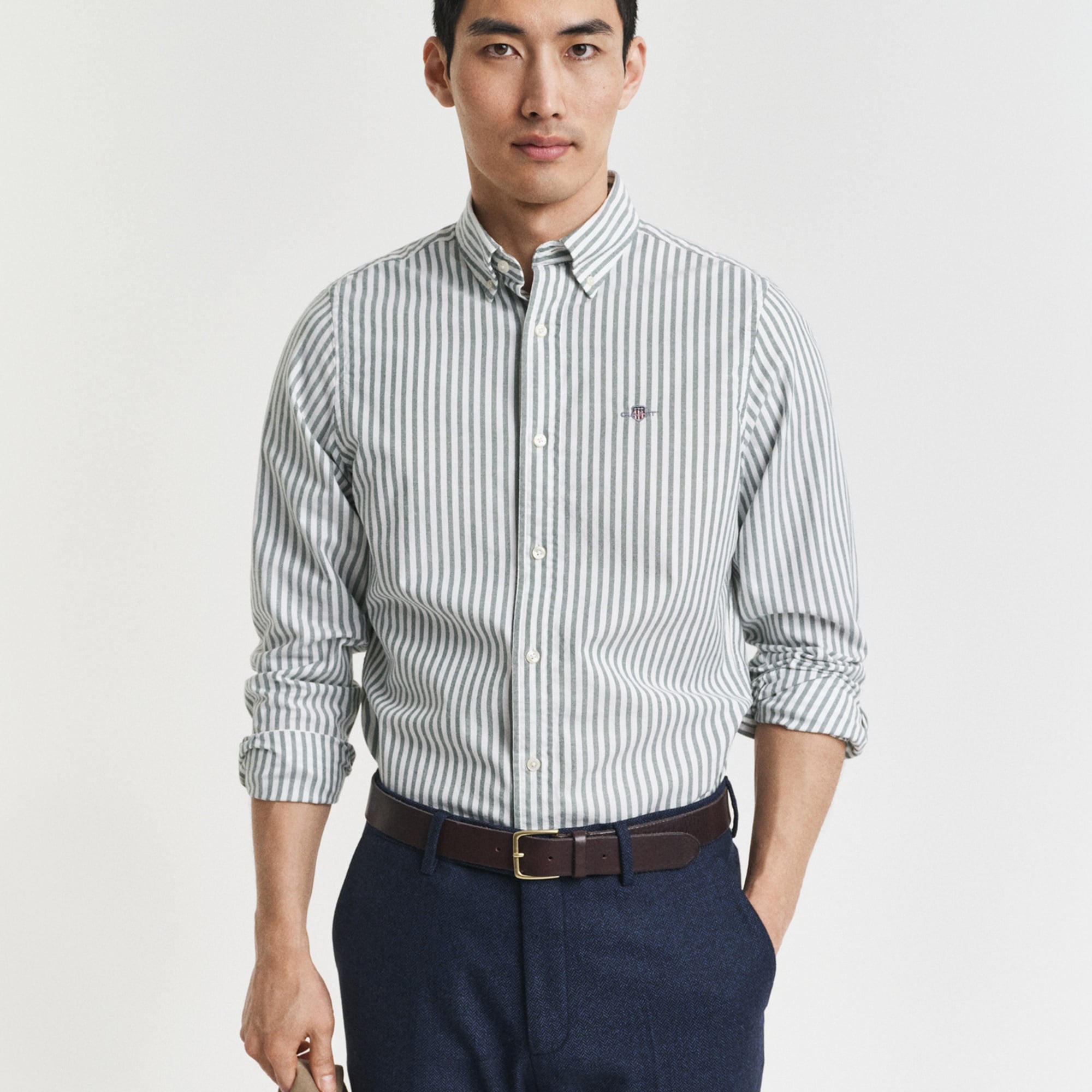 GANT Erkek Yeşil Slim Fit Düğmeli Yaka Çizgili Oxford Gömlek