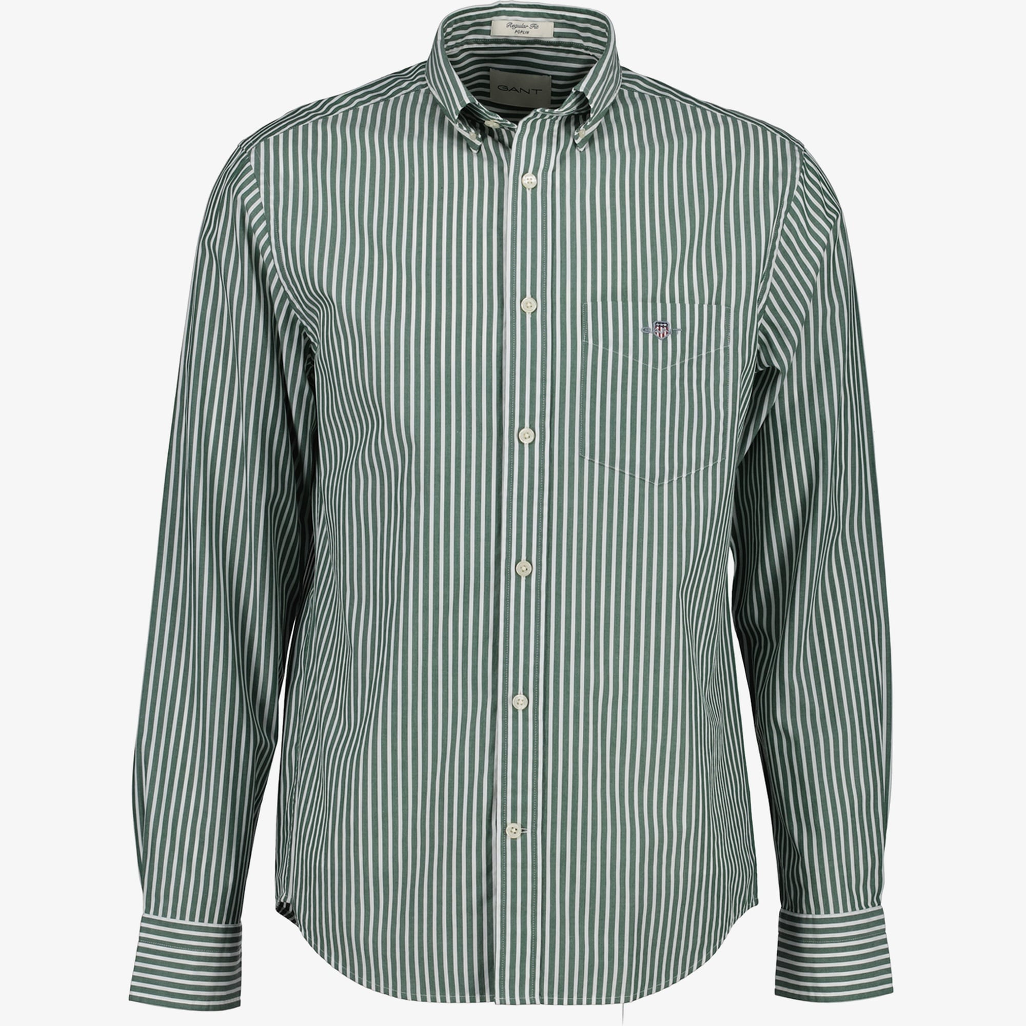 GANT Erkek Yeşil Regular Fit Düğmeli Yaka Çizgili Poplin Gömlek