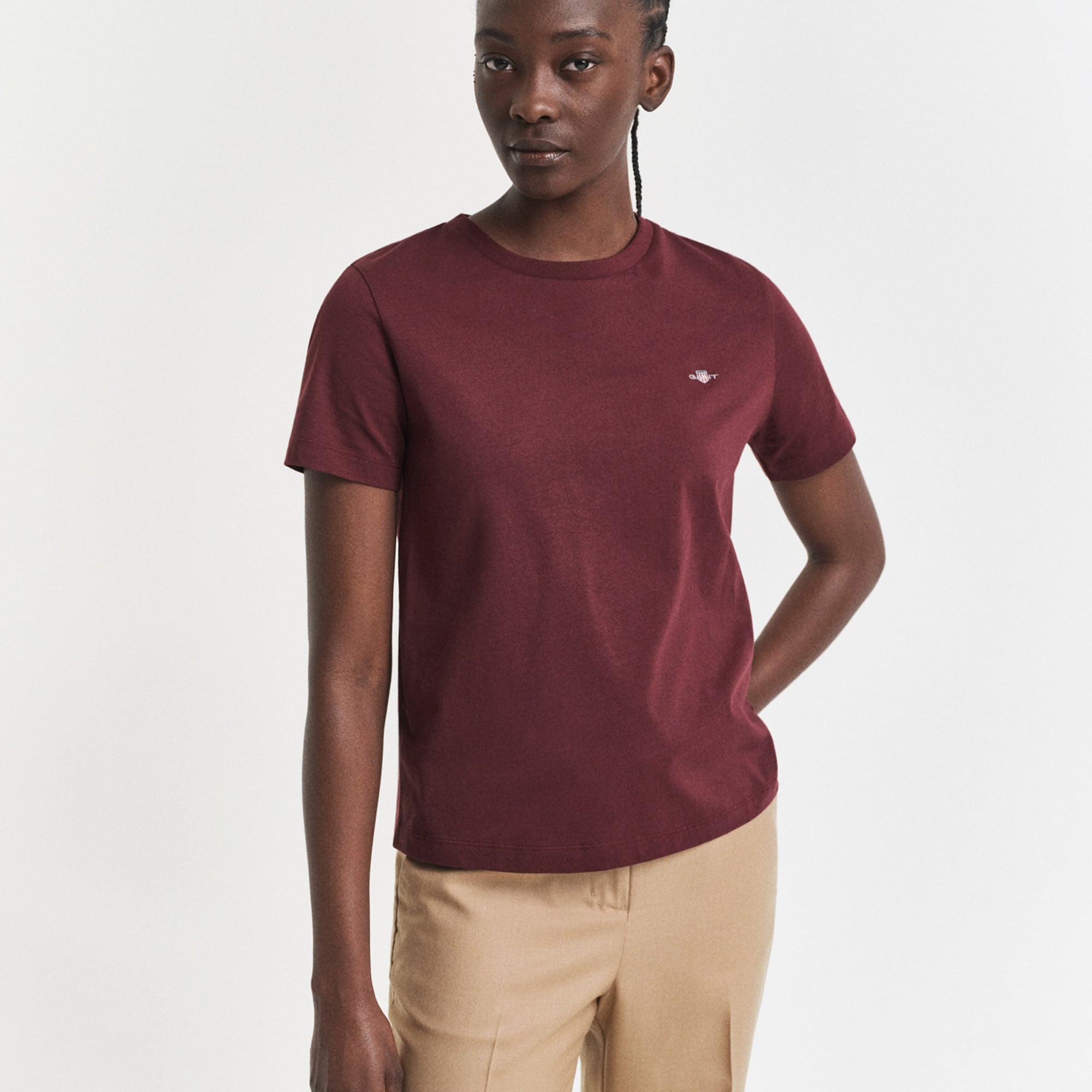GANT Kadın Bordo Regular Fit Bisiklet Yaka T-Shirt