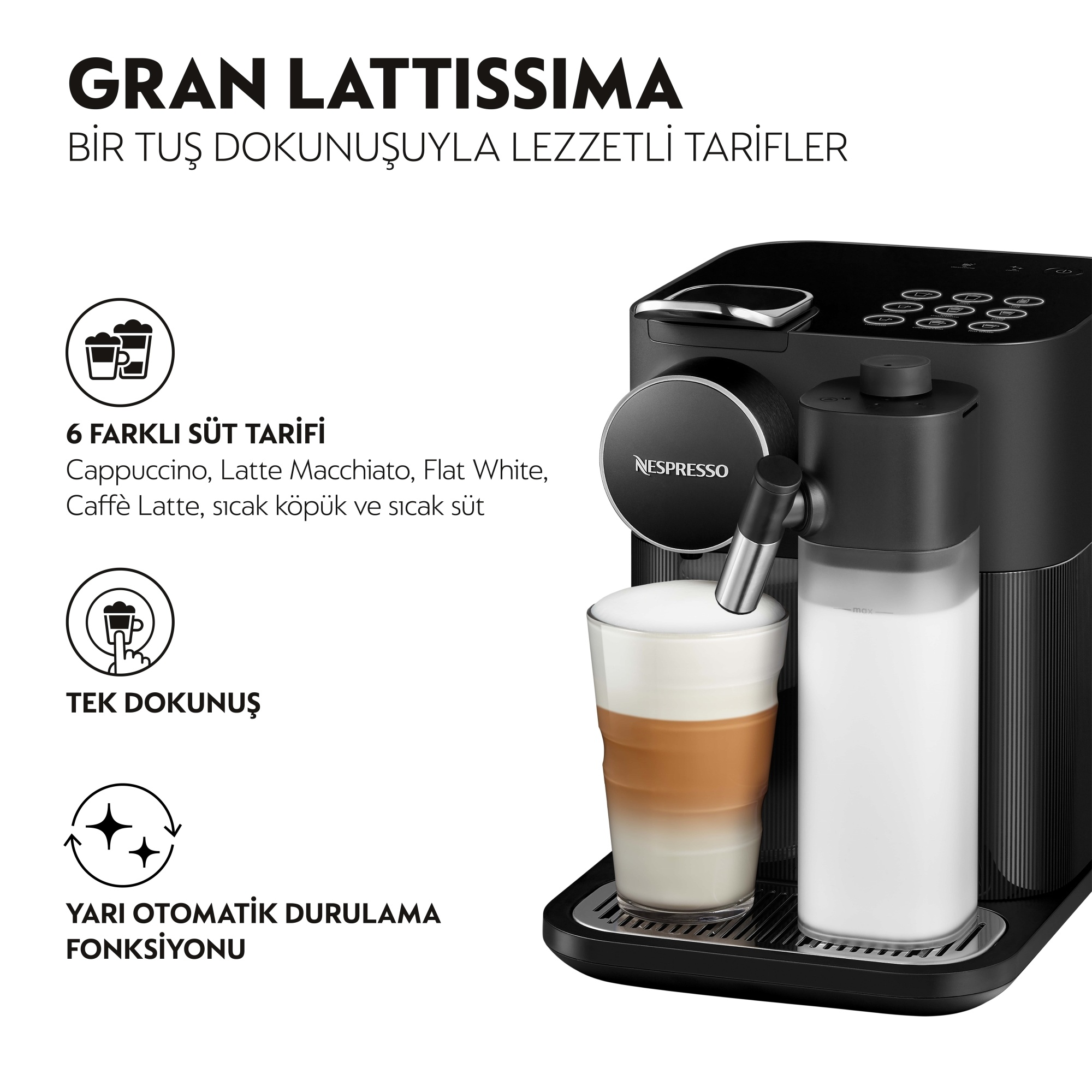 Nespresso F541 Gran Latissima Süt Çözümlü Espresso Kahve Makinesi, Siyah