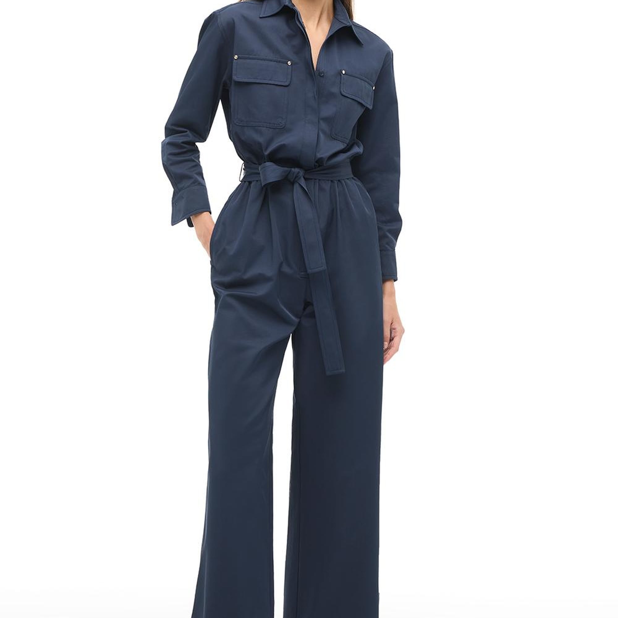 Lacivert Gömlek Yaka Boru Paça Tulum