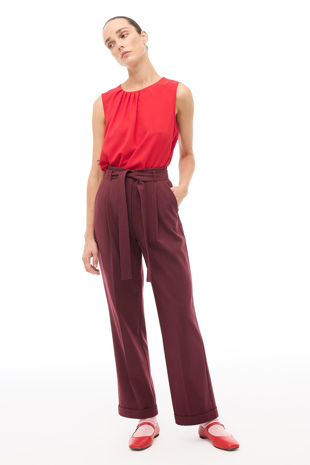  Bordo Yüksel Bel Boru Paça Pantolon