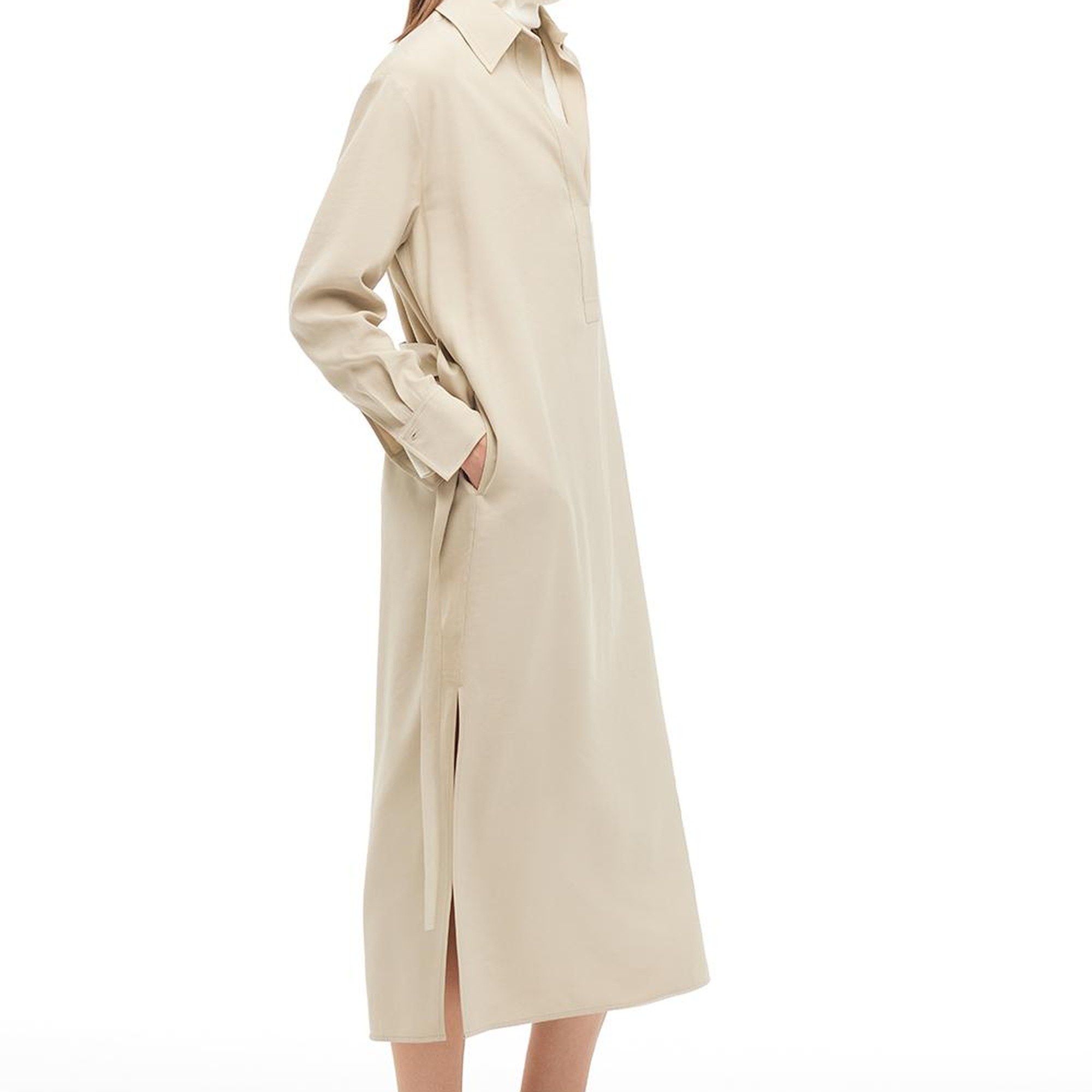 Bej Gömlek Yaka Midi Elbise