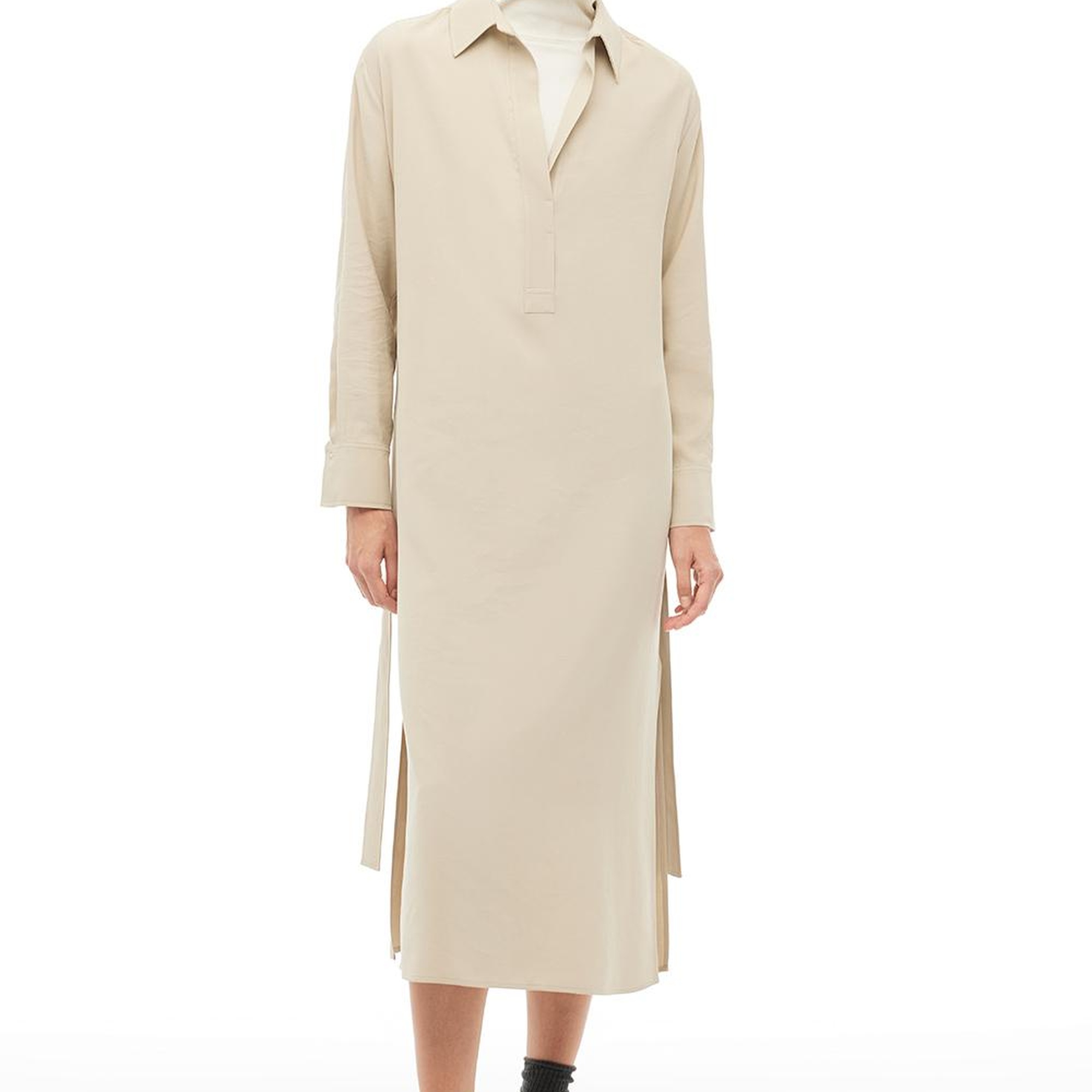 Bej Gömlek Yaka Midi Elbise