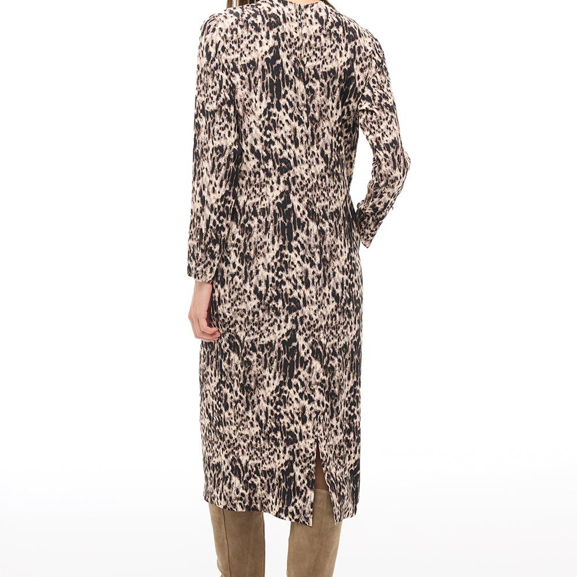 Kahverengi Bisiklet Yaka Leopar Midi Elbise