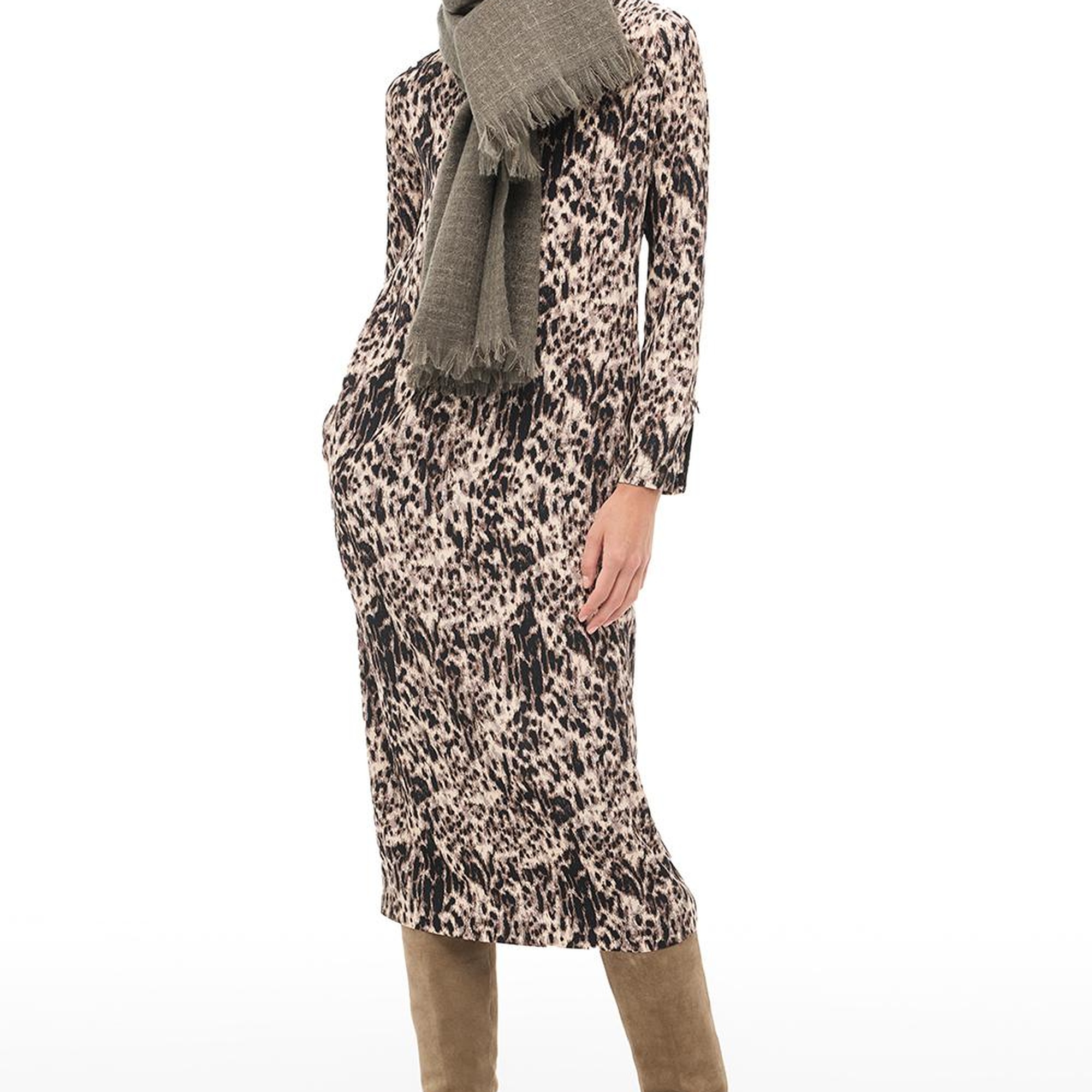 Kahverengi Bisiklet Yaka Leopar Midi Elbise