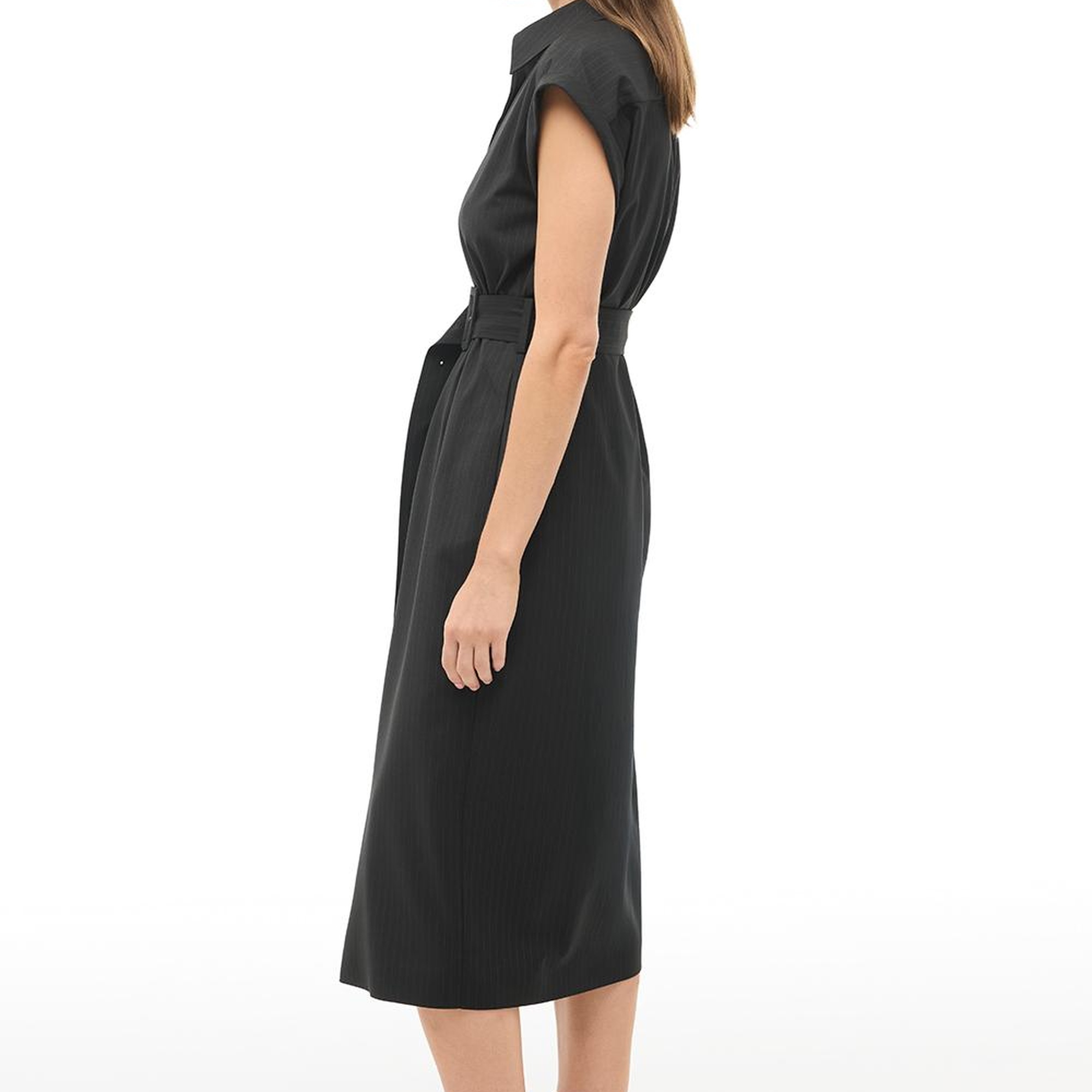 Siyah Çizgili Gömlek Yaka Midi Boy Elbise