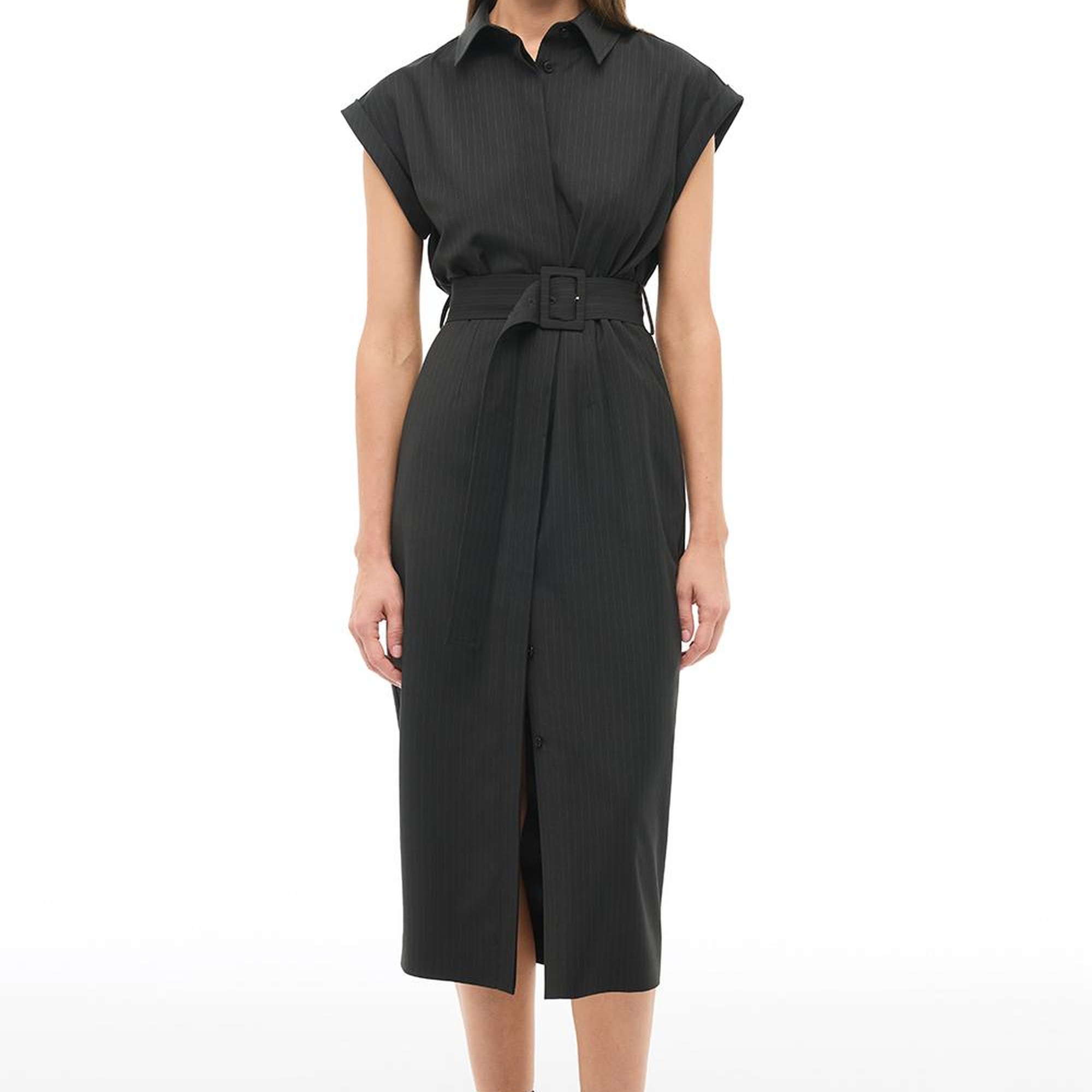 Siyah Çizgili Gömlek Yaka Midi Boy Elbise