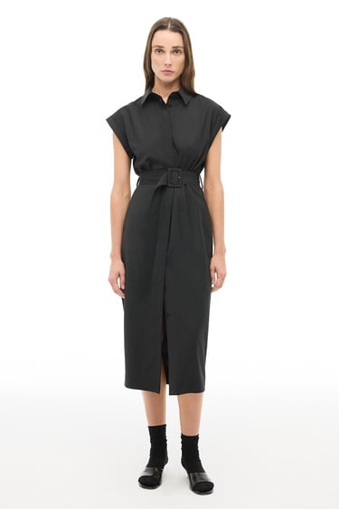  Siyah Çizgili Gömlek Yaka Midi Boy Elbise