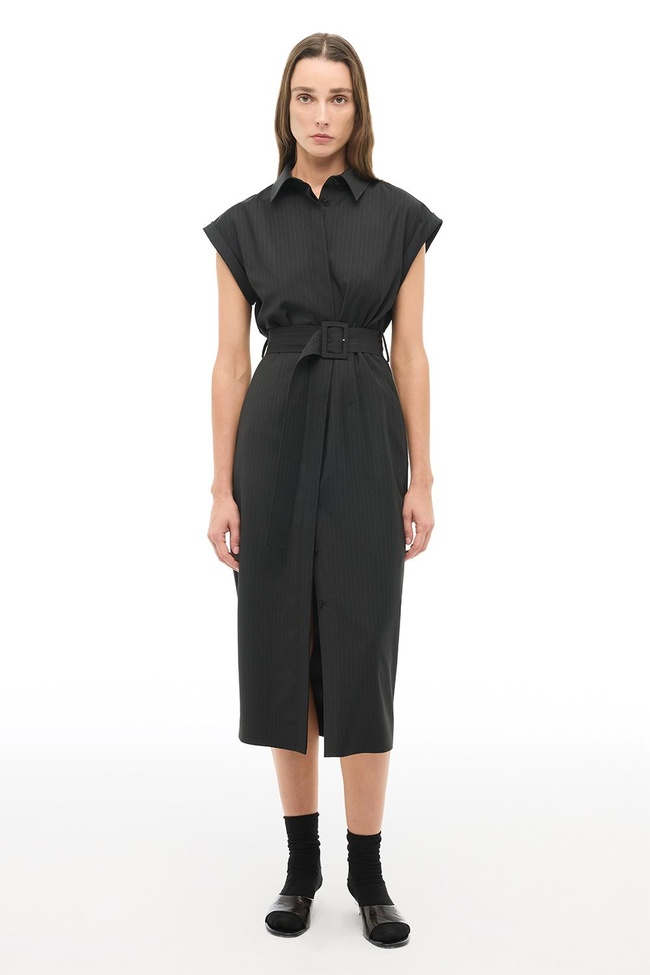  Siyah Çizgili Gömlek Yaka Midi Boy Elbise