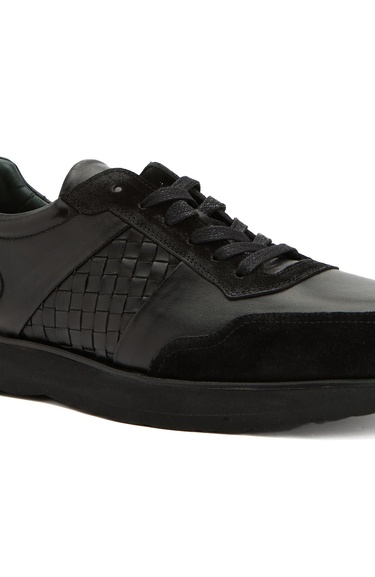  George Hogg Erkek Siyah Örgü Detaylı Deri Sneaker