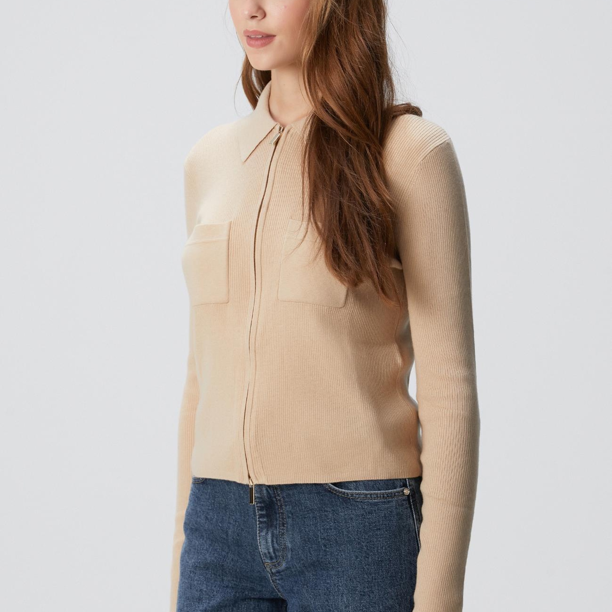 Network Kadın Bej Yün Karışımlı Fermuarlı Triko Kazak