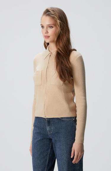  Network Kadın Bej Yün Karışımlı Fermuarlı Triko Kazak