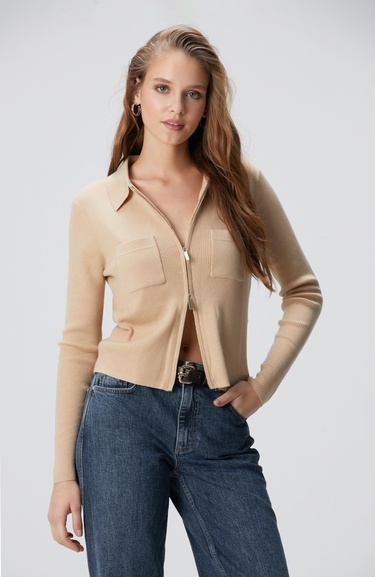  Network Kadın Bej Yün Karışımlı Fermuarlı Triko Kazak