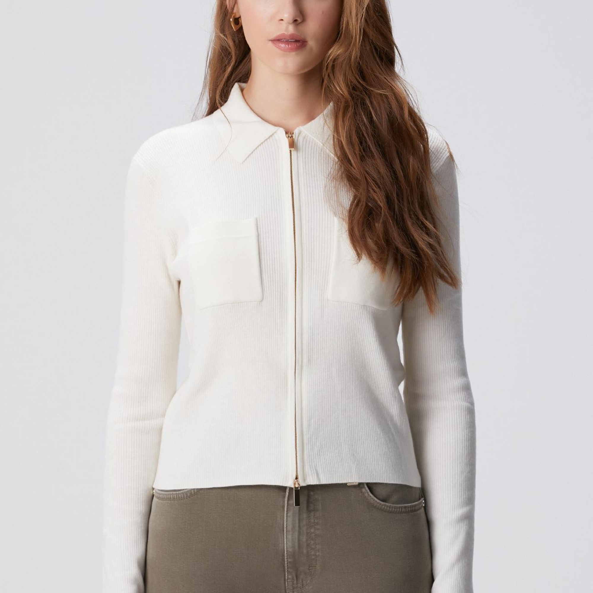 Network Kadın Kırık Beyaz Yün Karışımlı Fermuarlı Triko Kazak