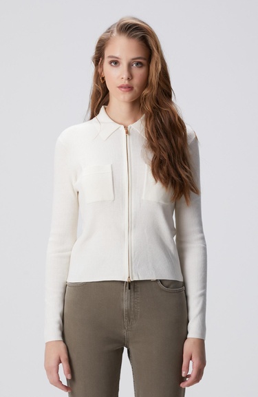  Network Kadın Kırık Beyaz Yün Karışımlı Fermuarlı Triko Kazak