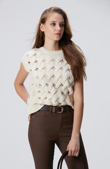  Network Kadın Kırık Beyaz Yün Karışımlı Saç Örgü Kazak