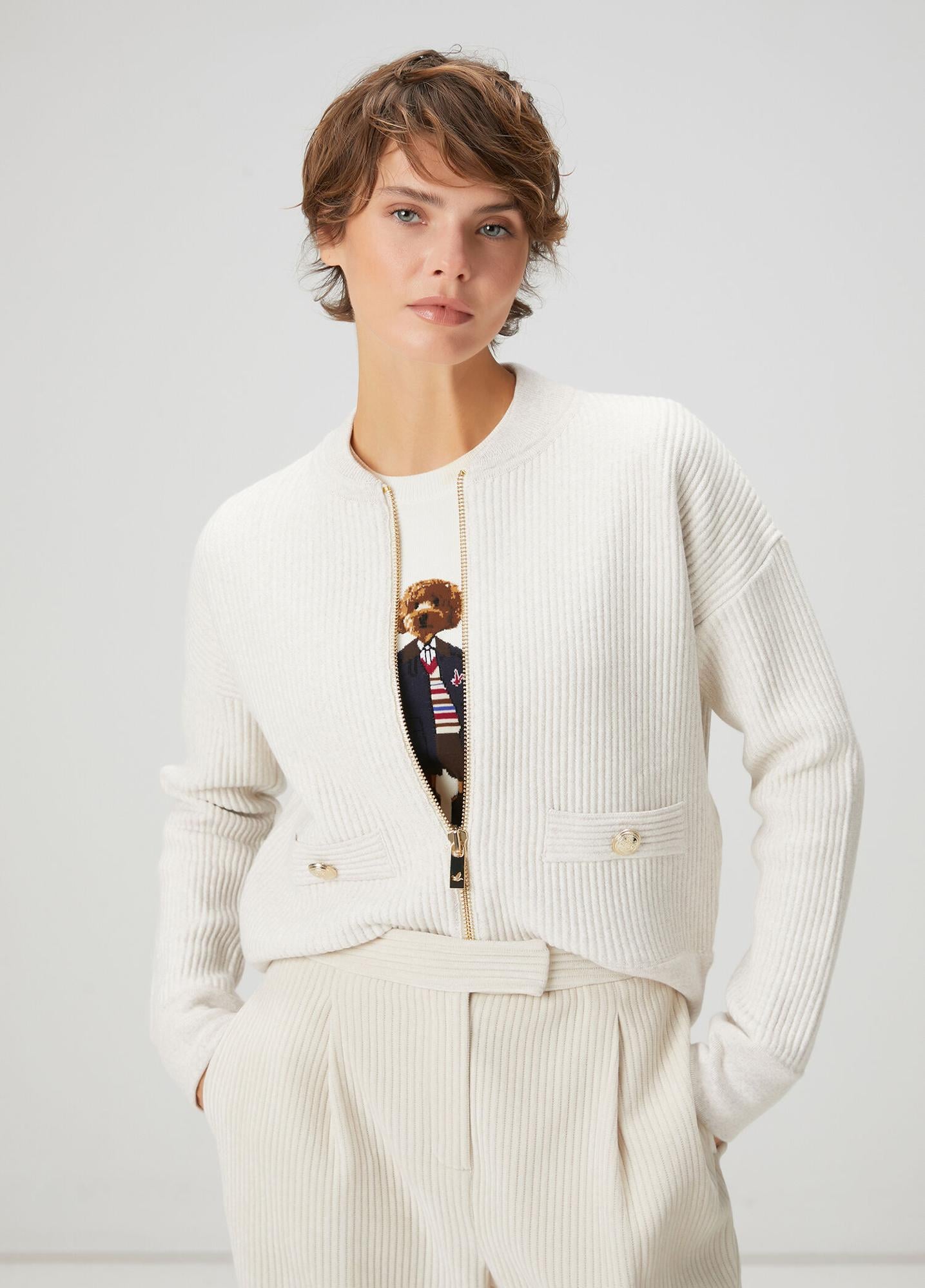  Beymen Club Kadın Açık Bej Ottoman Dokulu Yün Bomber Ceket