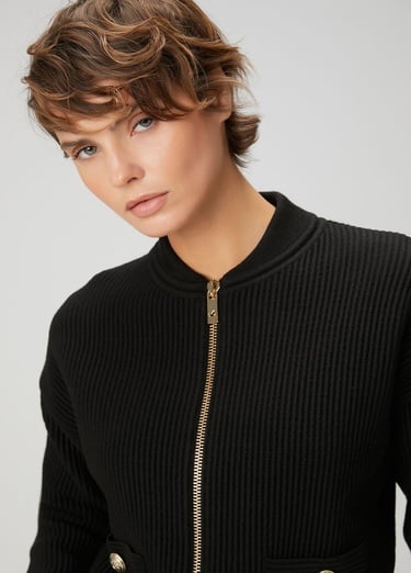  Beymen Club Kadın Siyah Ottoman Dokulu Yün Bomber Ceket