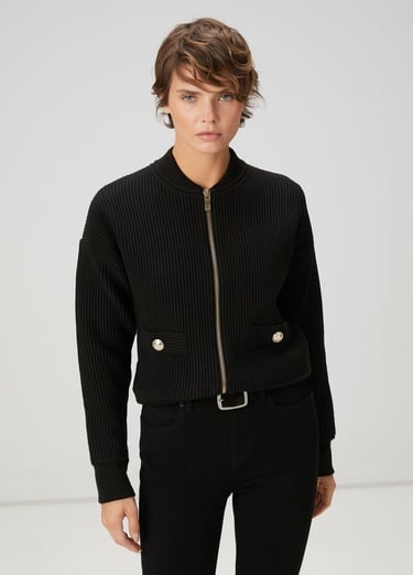  Beymen Club Kadın Siyah Ottoman Dokulu Yün Bomber Ceket