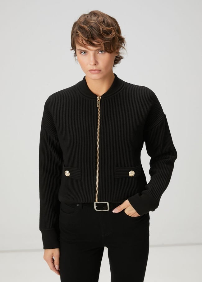  Beymen Club Kadın Siyah Ottoman Dokulu Yün Bomber Ceket