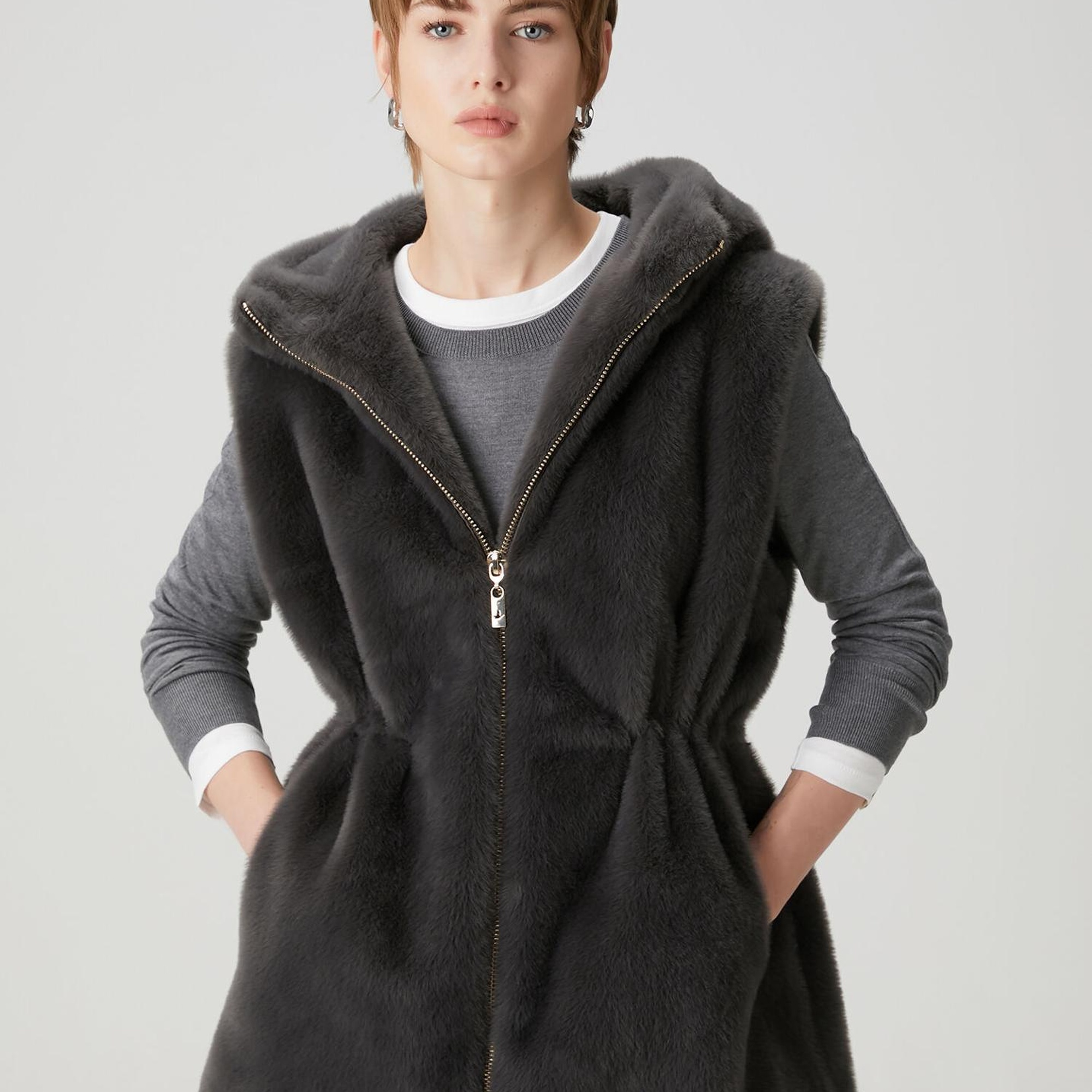 Beymen Club Kadın Antrasit Beli Büzgülü Kürk Yelek