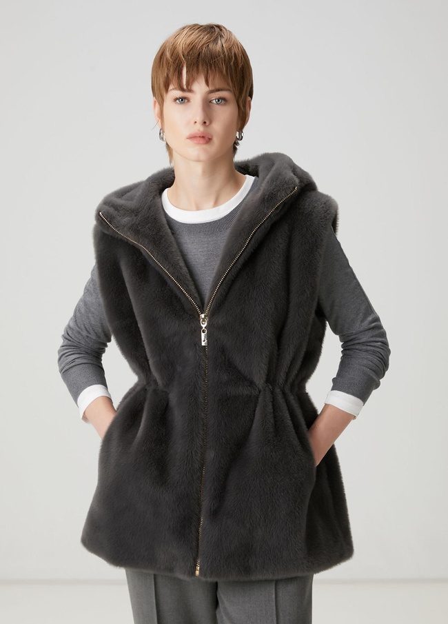  Beymen Club Kadın Antrasit Beli Büzgülü Kürk Yelek