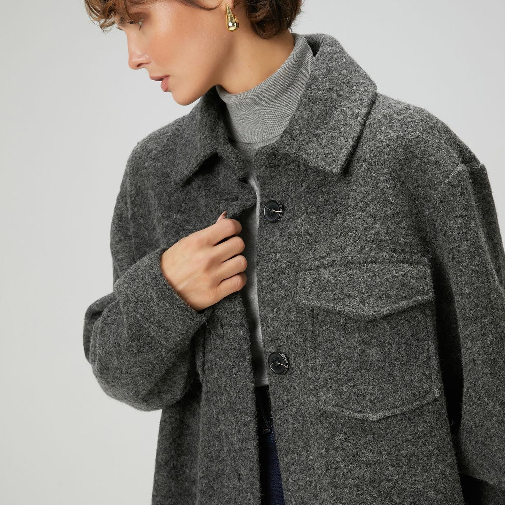 Beymen Club Kadın Gri Yıldız Nakışlı Uzun Yün Dış Gömlek