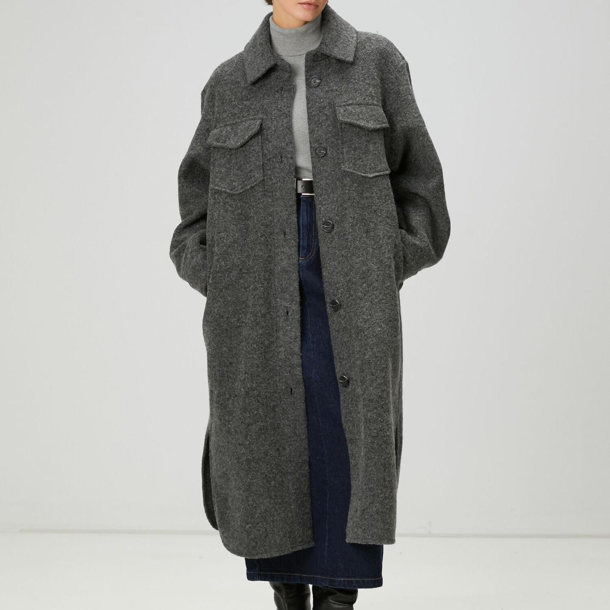 Beymen Club Kadın Gri Yıldız Nakışlı Uzun Yün Dış Gömlek