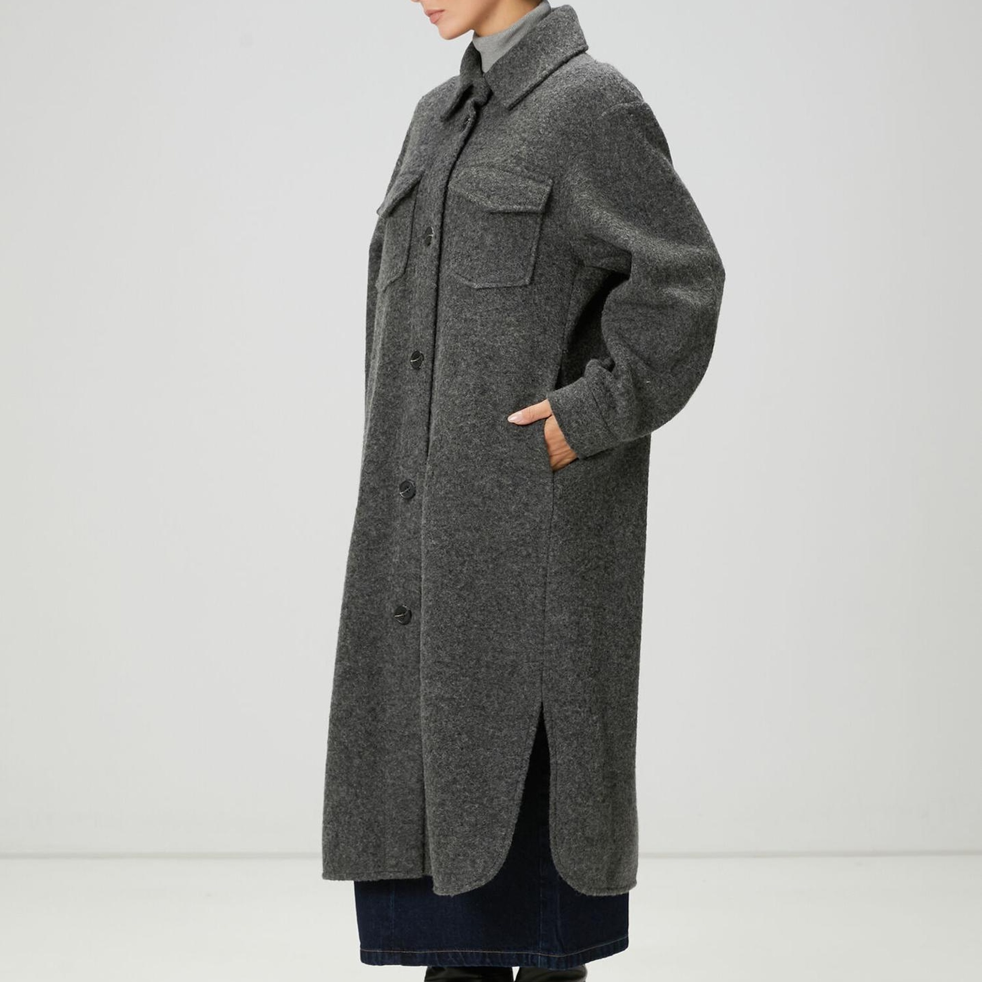 Beymen Club Kadın Gri Yıldız Nakışlı Uzun Yün Dış Gömlek