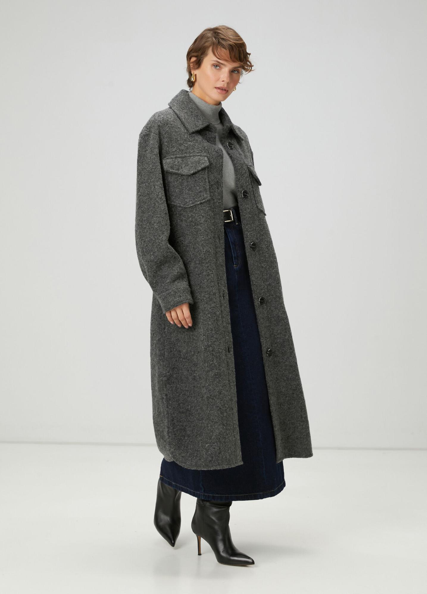  Beymen Club Kadın Gri Yıldız Nakışlı Uzun Yün Dış Gömlek