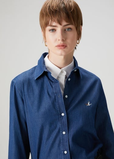  Beymen Club Kadın Koyu Mavi Logo Nakışlı Denim Gömlek