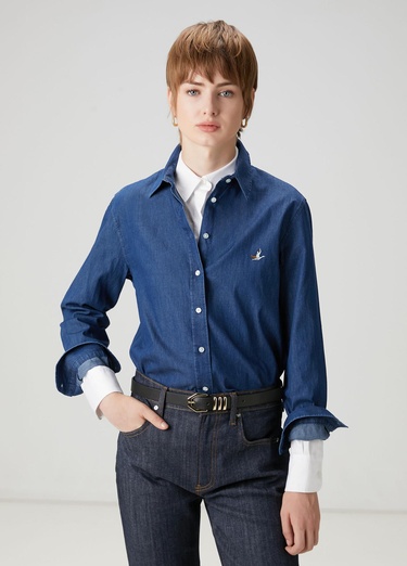  Beymen Club Kadın Koyu Mavi Logo Nakışlı Denim Gömlek