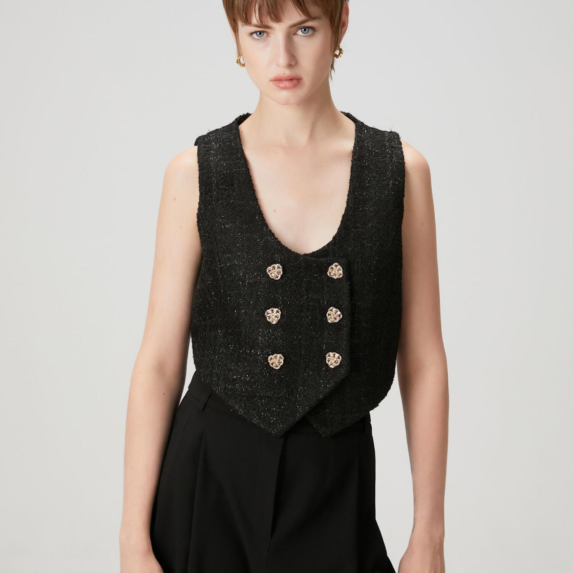 Beymen Club Kadın Siyah Simli Kruvaze Tweed Yelek