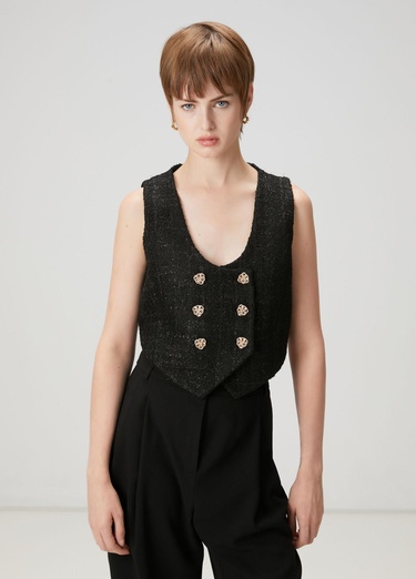  Beymen Club Kadın Siyah Simli Kruvaze Tweed Yelek