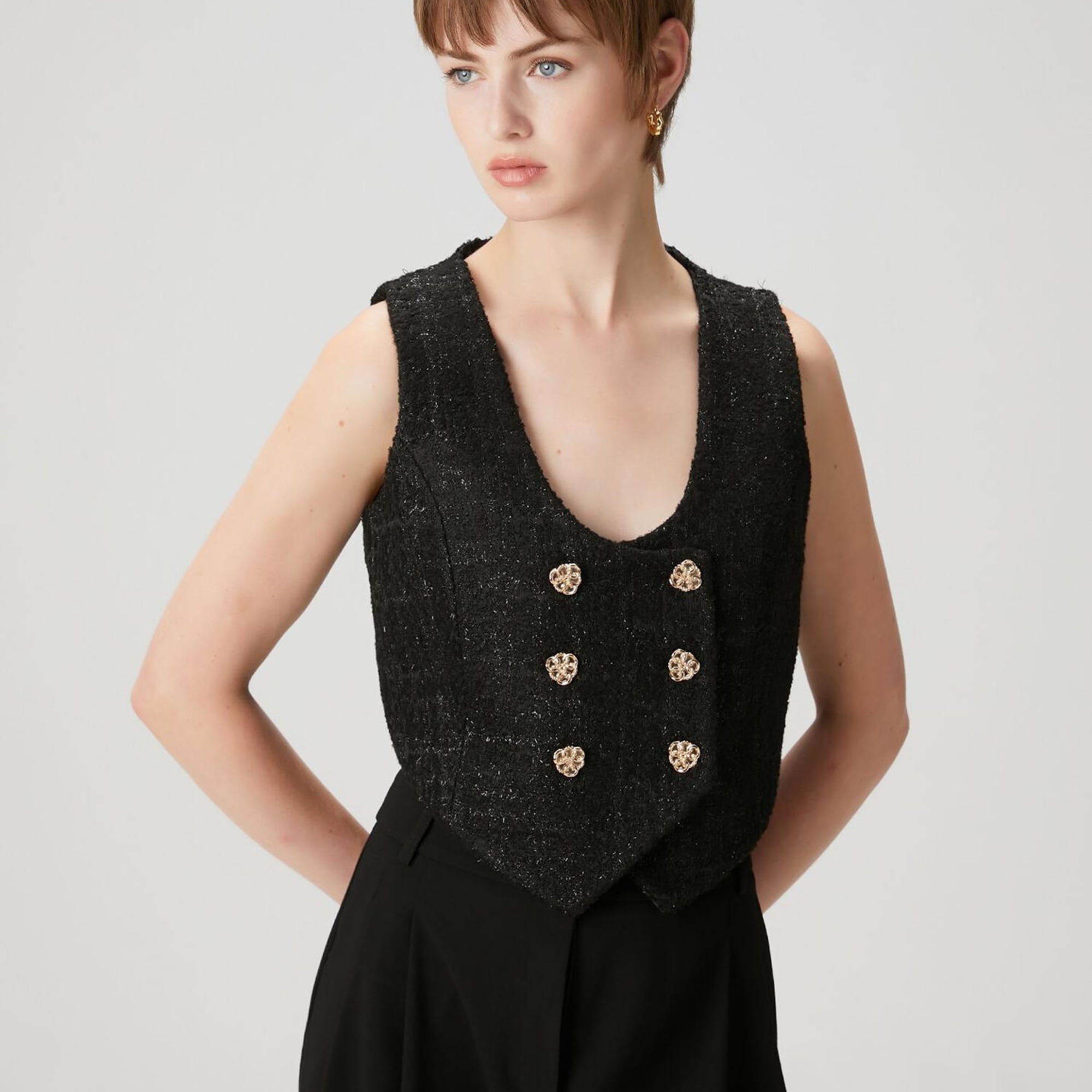 Beymen Club Kadın Siyah Simli Kruvaze Tweed Yelek