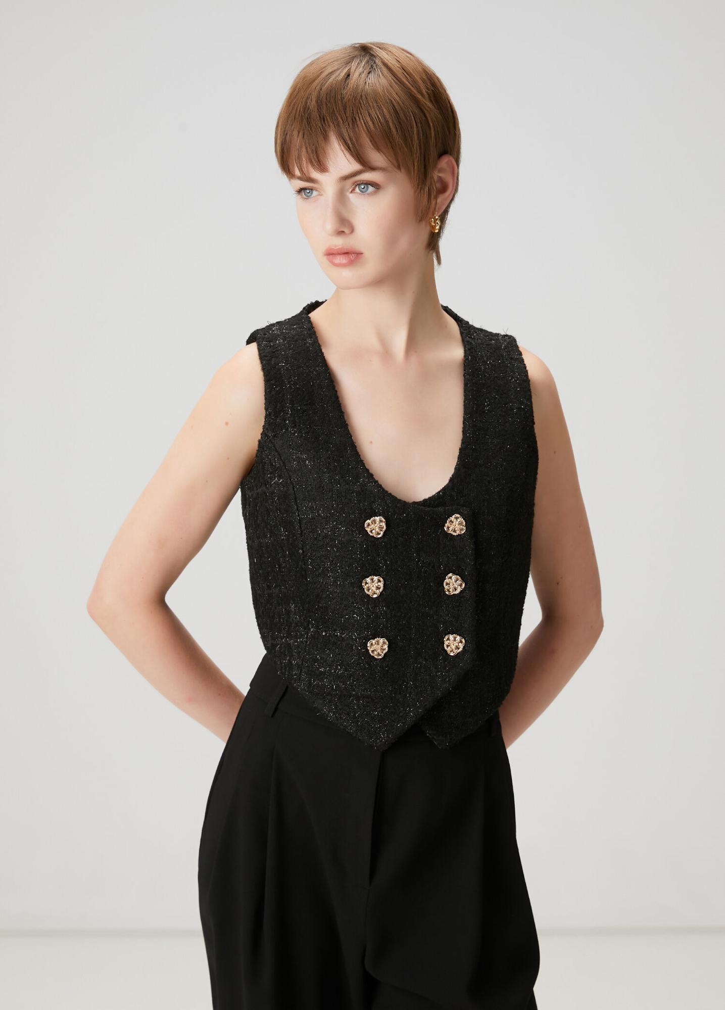  Beymen Club Kadın Siyah Simli Kruvaze Tweed Yelek