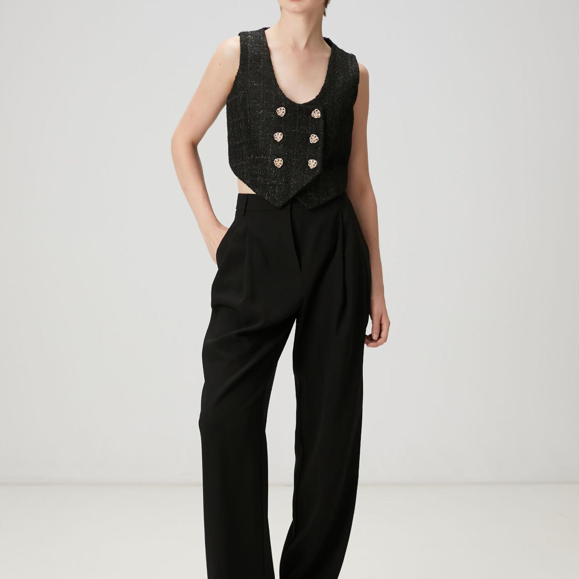 Beymen Club Kadın Siyah Simli Kruvaze Tweed Yelek