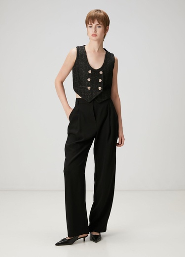  Beymen Club Kadın Siyah Simli Kruvaze Tweed Yelek