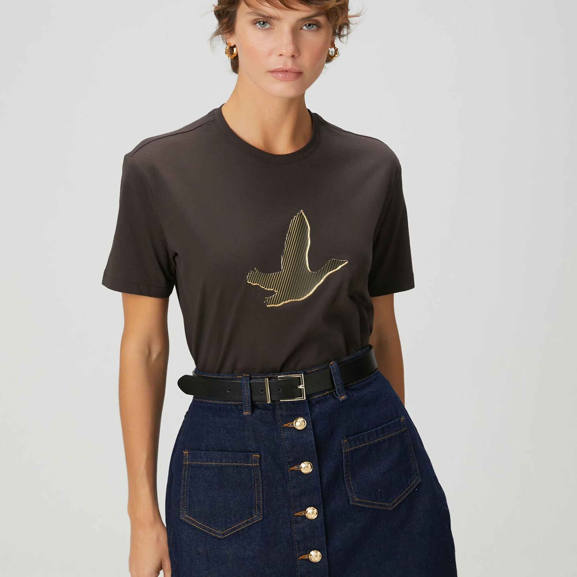 Beymen Club Kadın Kahverengi Gold Logolu T-shirt