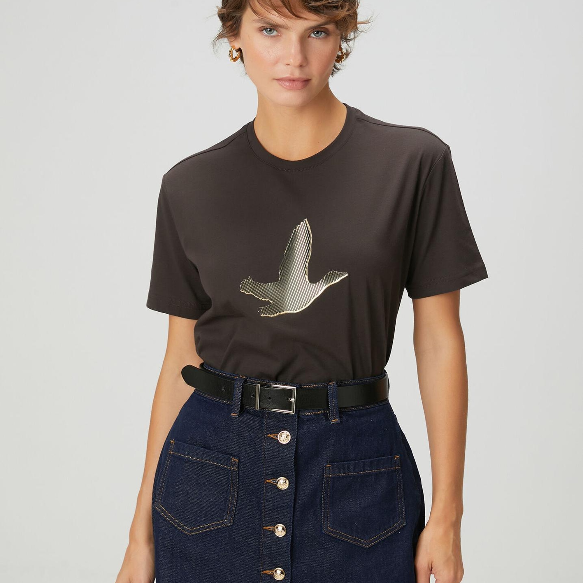 Beymen Club Kadın Kahverengi Gold Logolu T-shirt