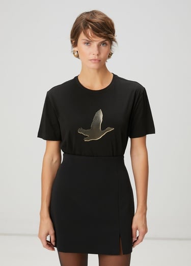  Beymen Club Kadın Siyah Gold Logolu T-shirt