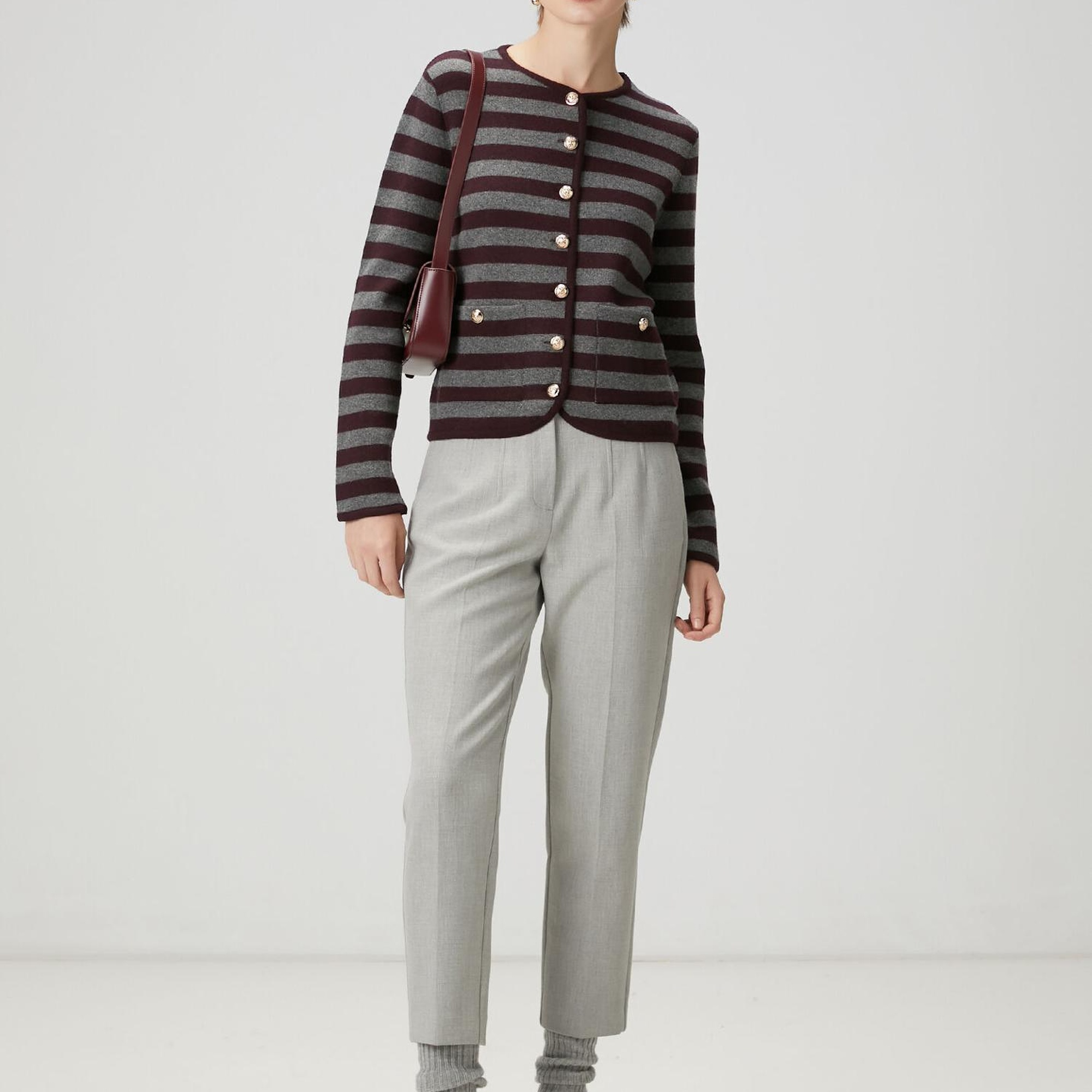 Beymen Club Kadın Gri Bordo Çizgili Triko Ceket
