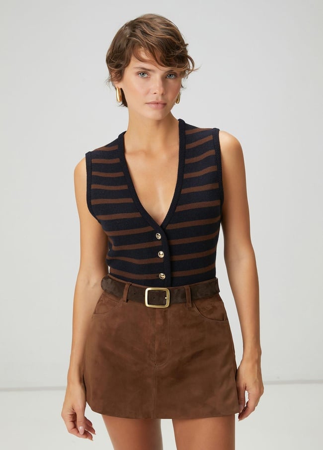  Beymen Club Kadın Kahve Lacivert Çizgili Yün Yelek