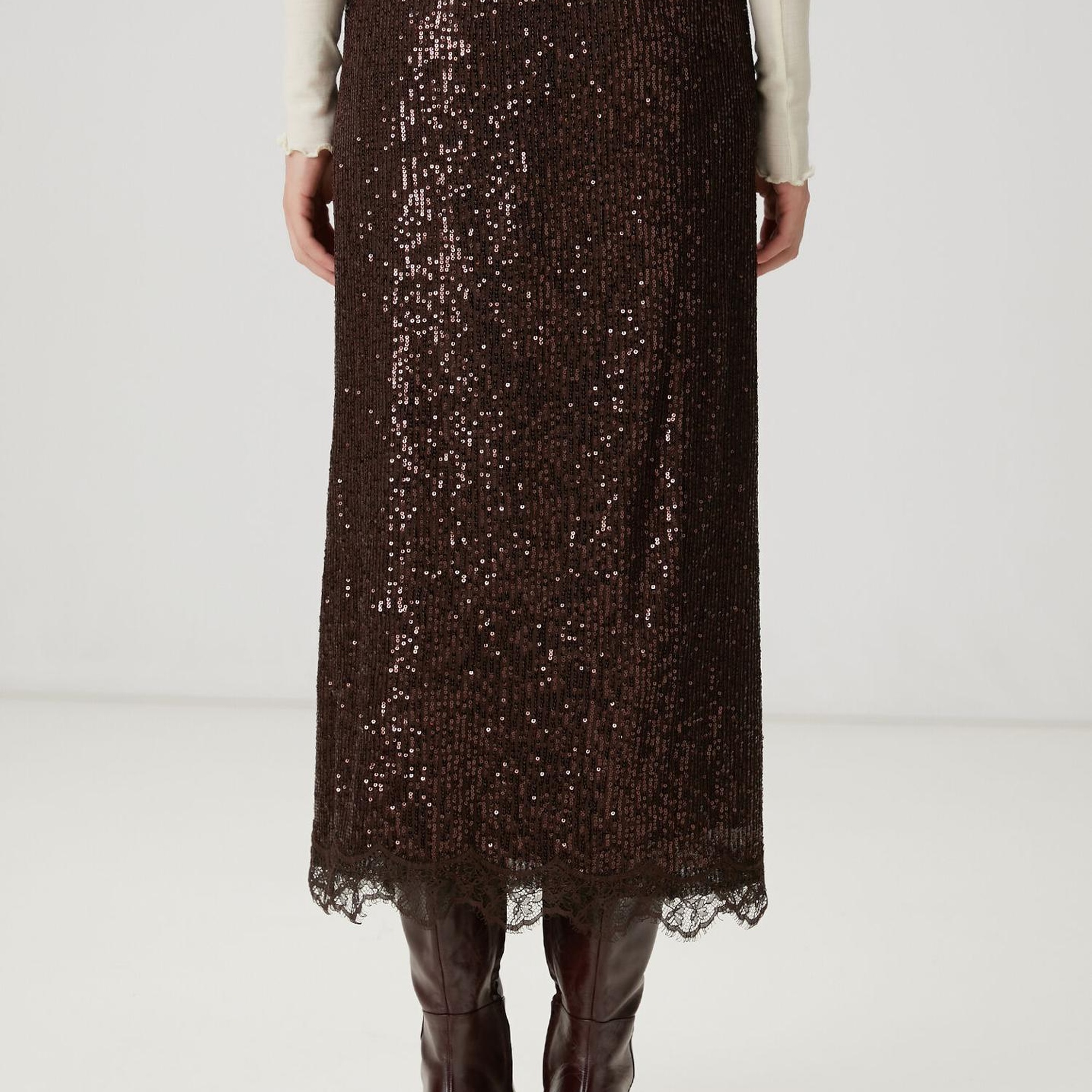 Beymen Club Kadın Kahverengi Pullu Midi Abiye Etek