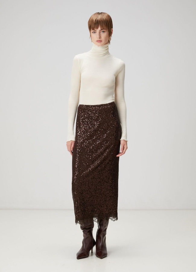  Beymen Club Kadın Kahverengi Pullu Midi Abiye Etek