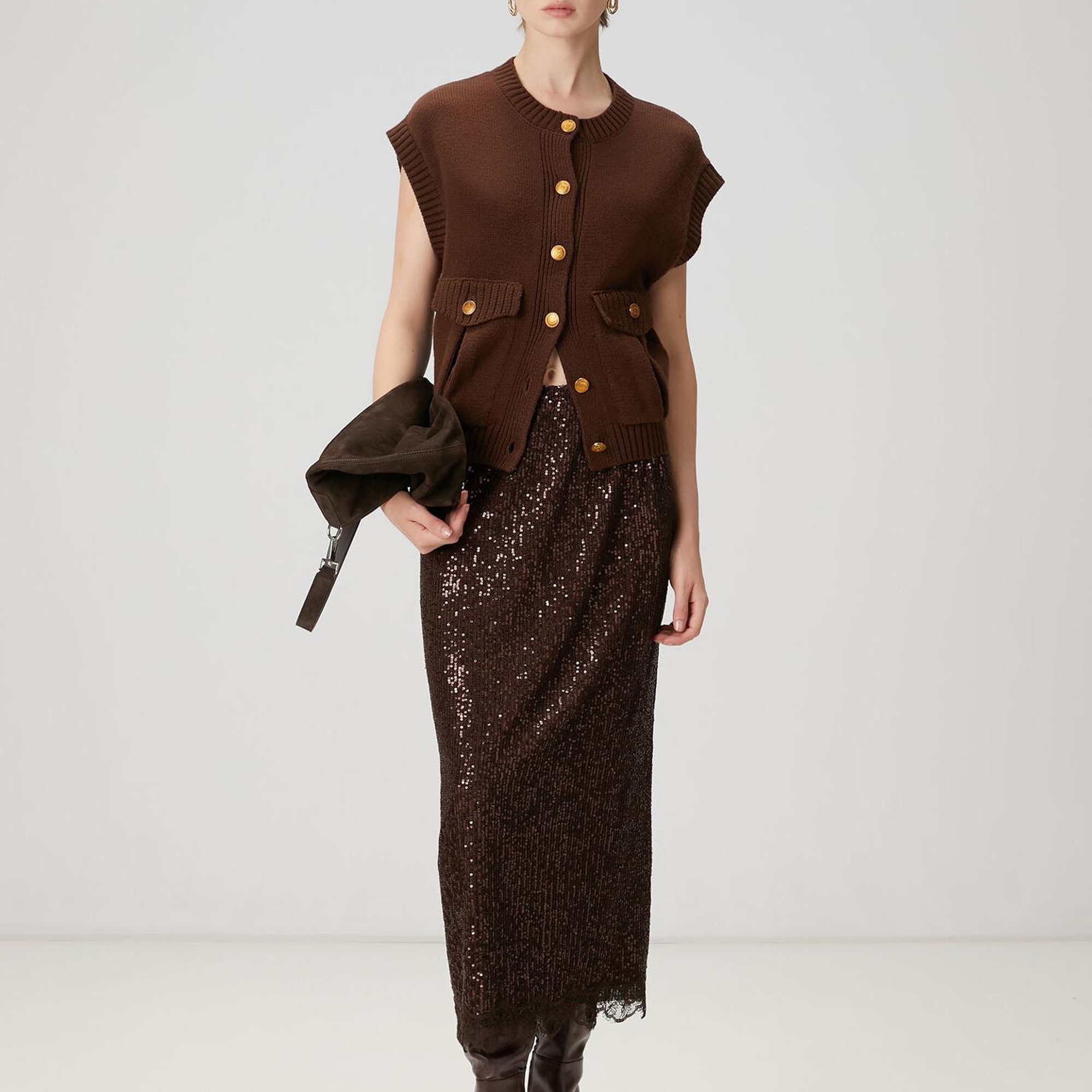 Beymen Club Kadın Kahverengi Pullu Midi Abiye Etek