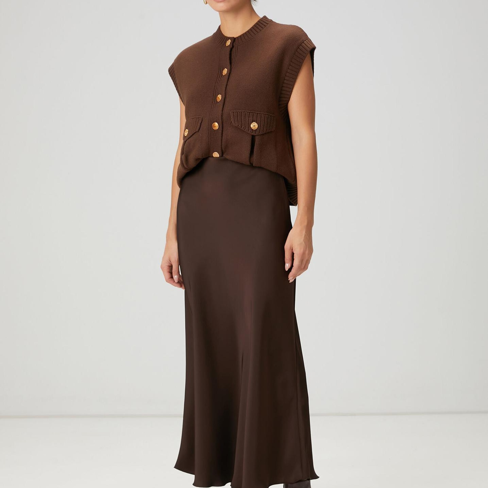 Beymen Club Kadın Kahverengi Uzun Saten Evaze Etek