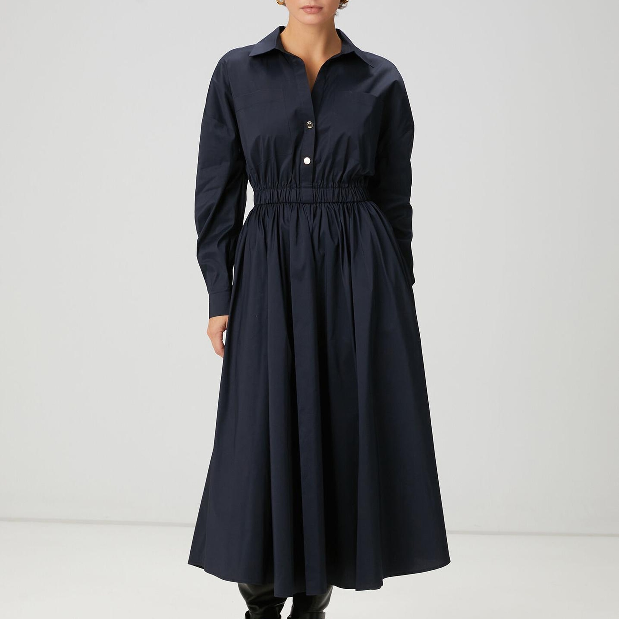 Beymen Club Kadın Koyu Lacivert Midi Tafta Gömlek Elbise